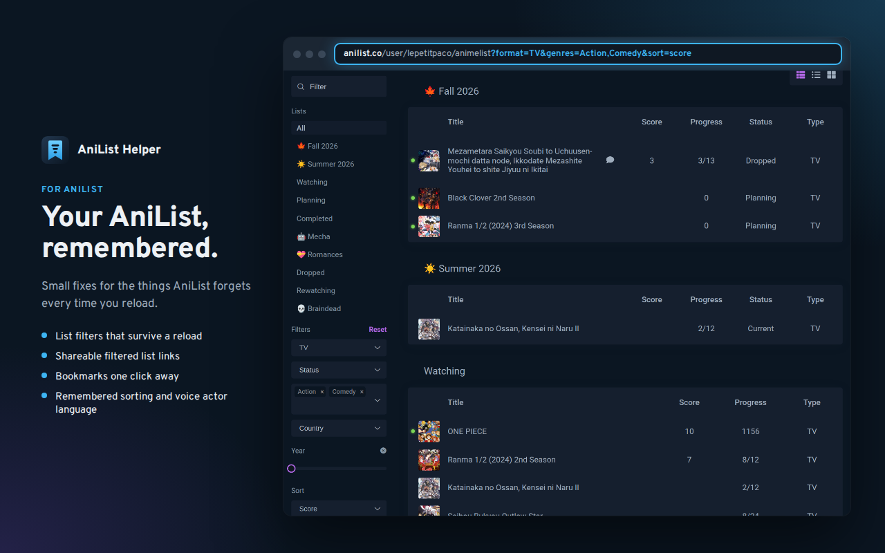 An AniList anime list filtered by format and genres, with the filters in the URL