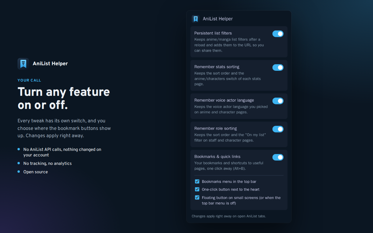 The extension popup with one switch per feature