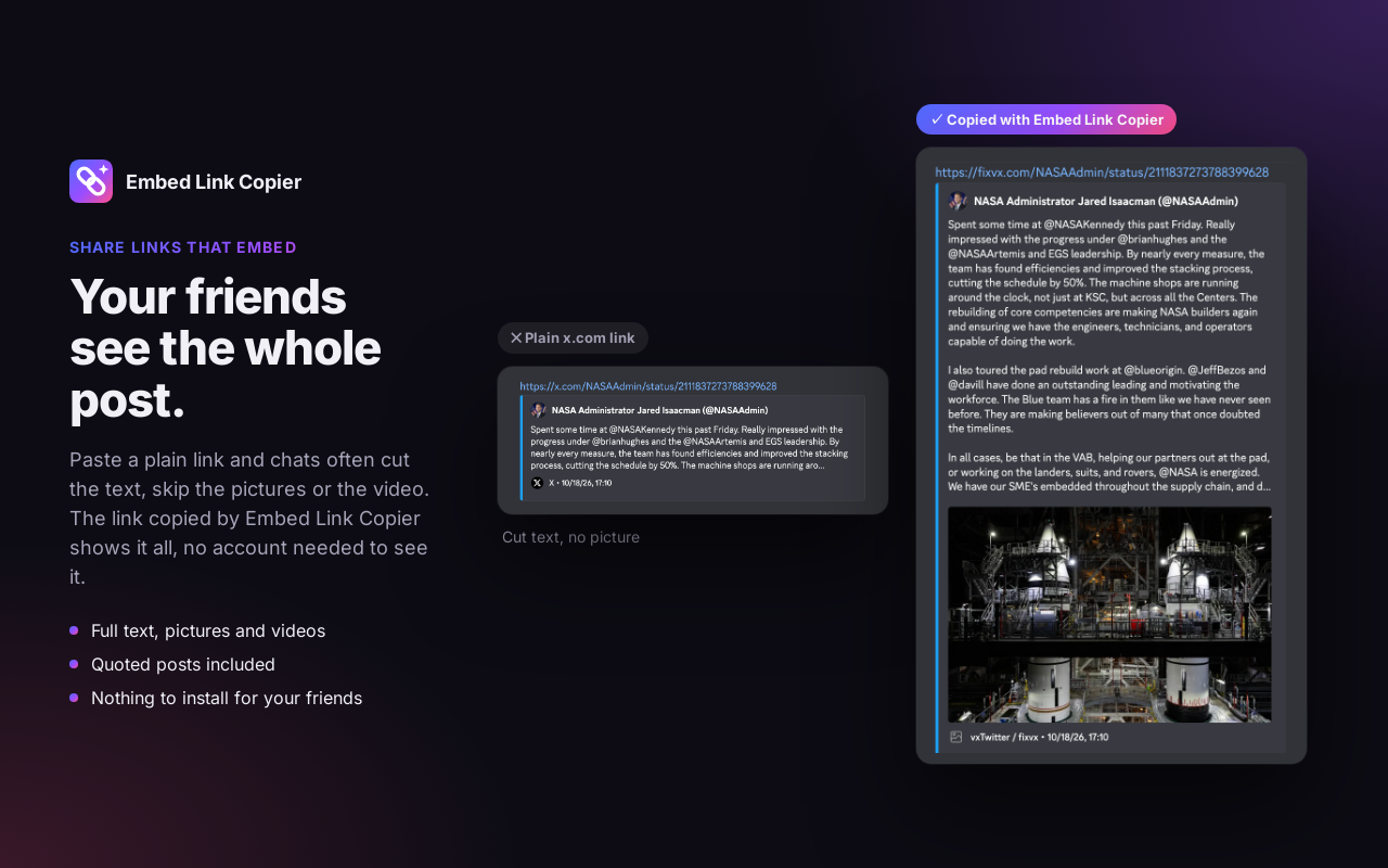 In Discord, a plain x.com link shows cut text without the picture; the same post copied as a fixvx link shows the full text and the picture
