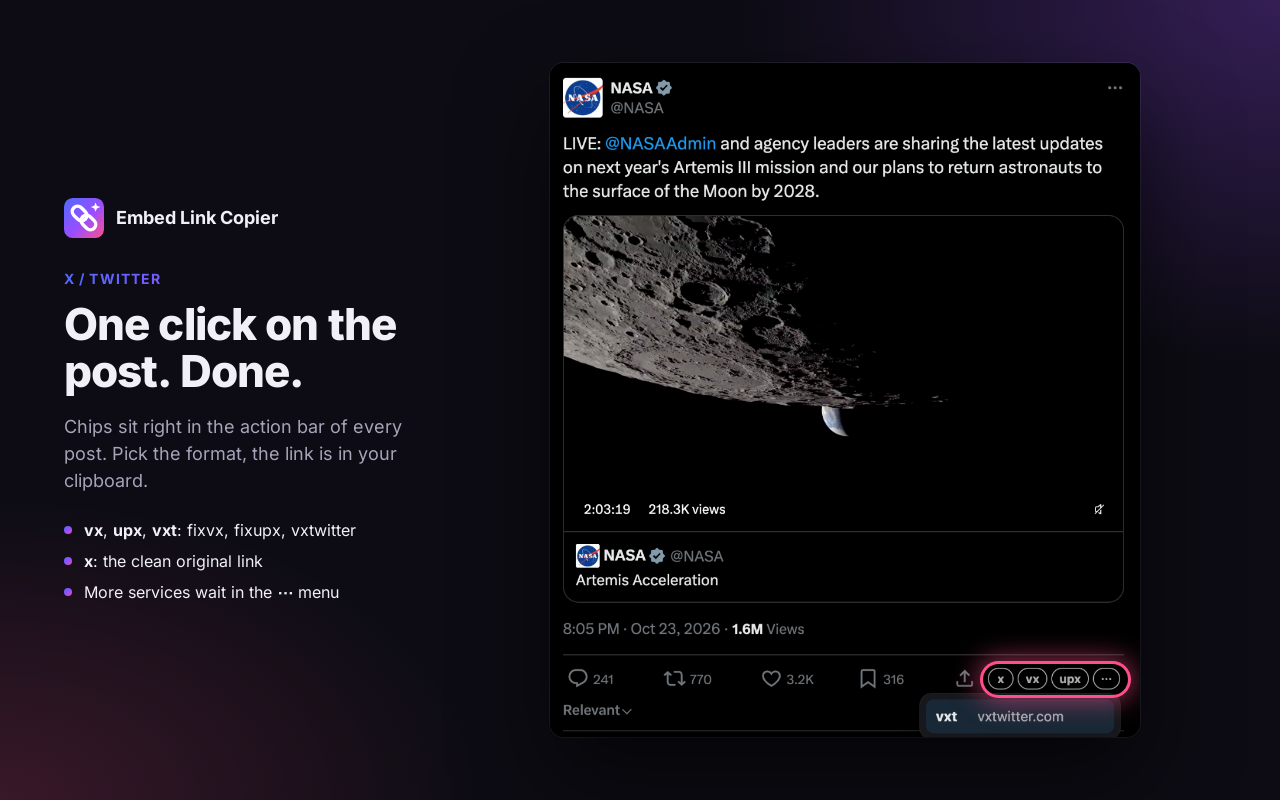 The x, vx, upx and ⋯ chips under a NASA post on X, with the ⋯ menu open on vxtwitter