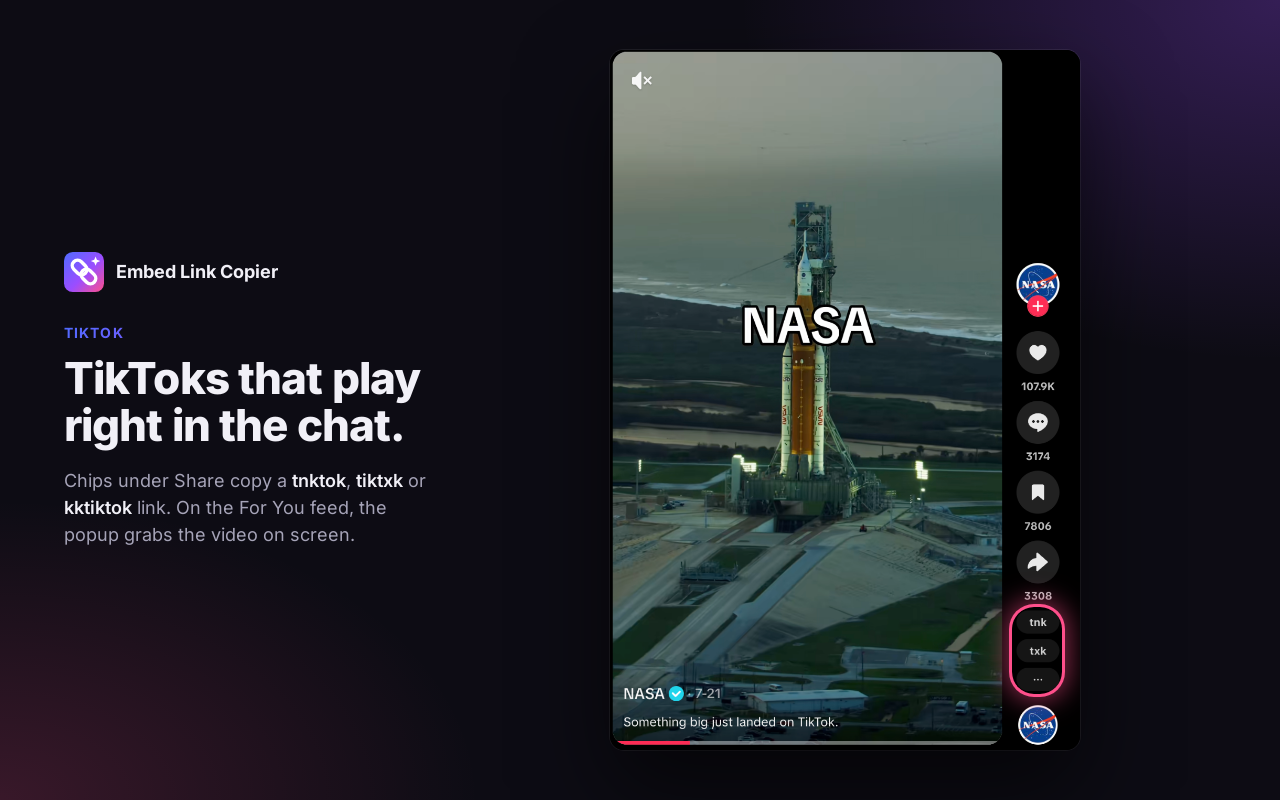 The tnk, txk and ⋯ chips under the Share button of a NASA TikTok video