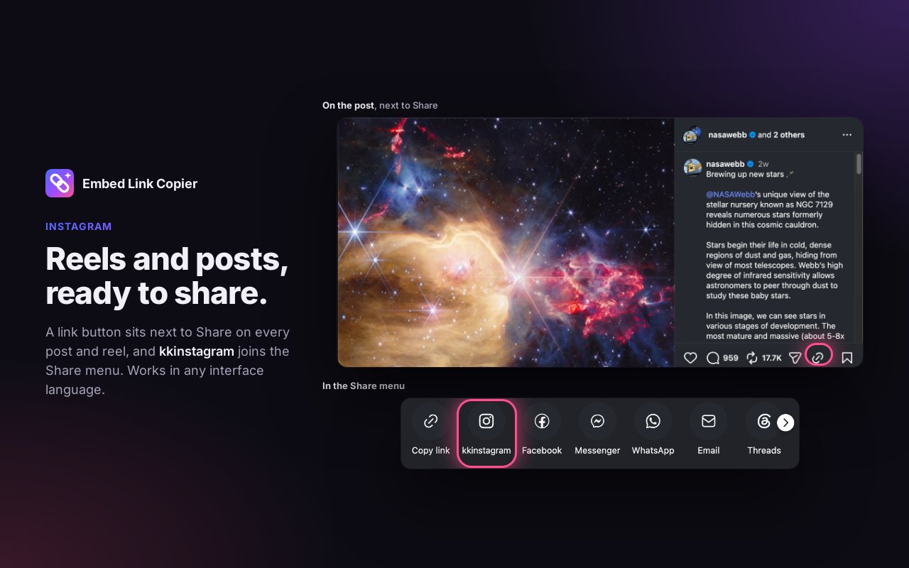 The link button next to Share on a NASA Webb Instagram post, and kkinstagram in the Share menu