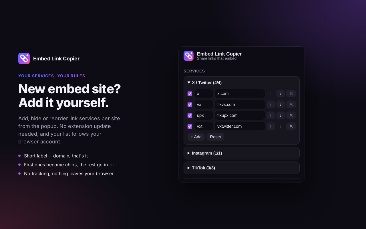 The services editor in the extension popup